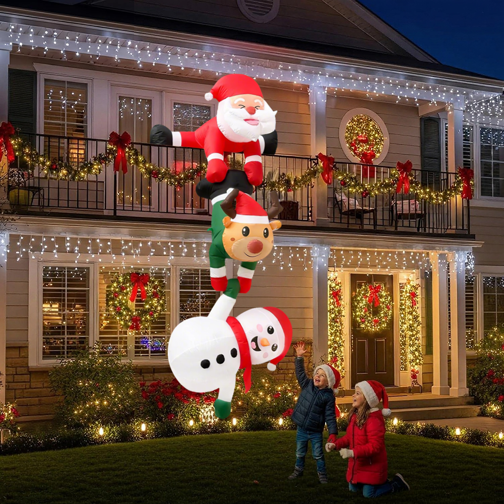 8FT Christmas Inflatables Decor, Climbing Santa Claus with Reindeer & Snowman/Elves, Xmas Decor for Beam Roof Tree Indoor Party