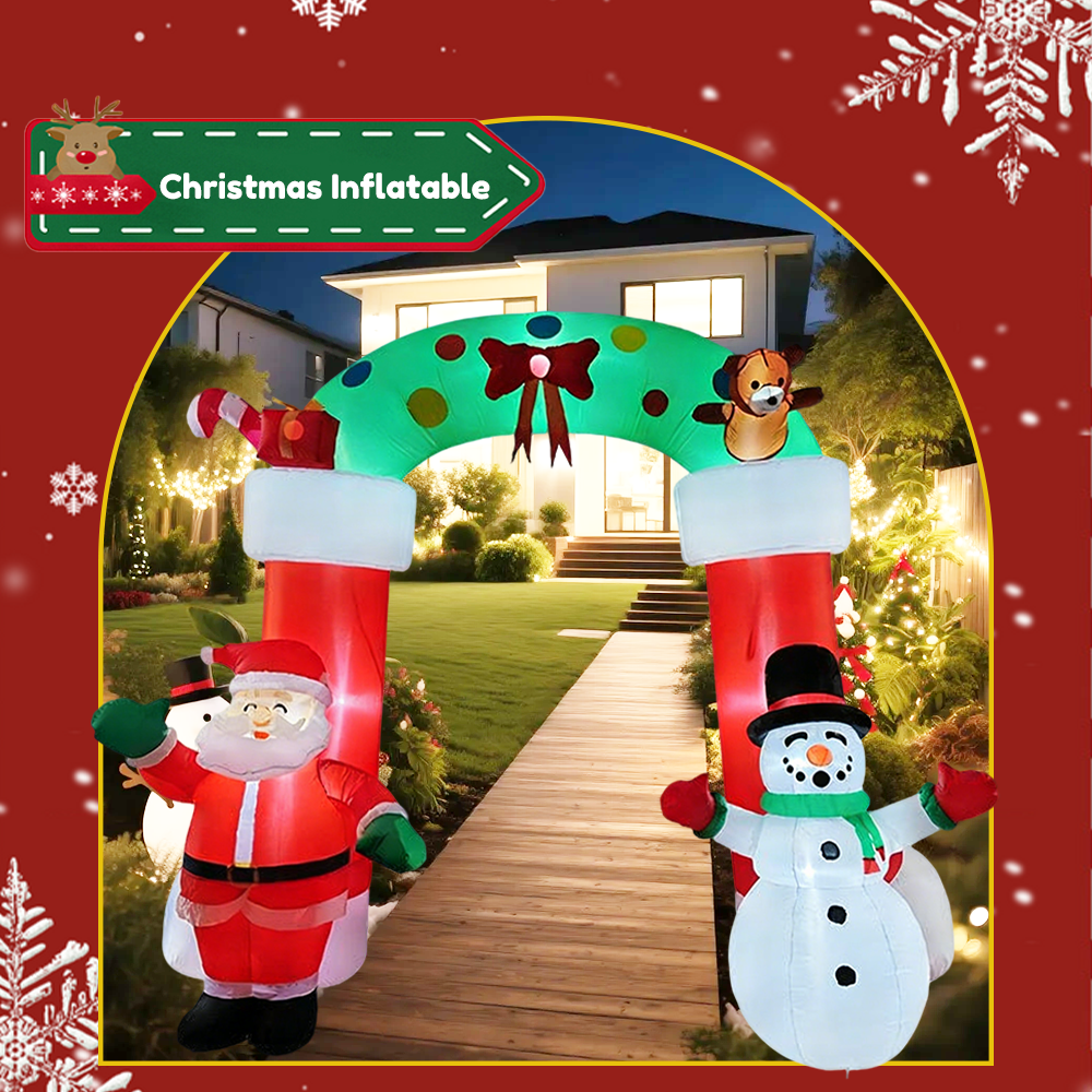 Christmas Inflatable Arch with LED Lights Santa Snowman Blow Up Decor for Outdoor Yard, Garden, Lawn Holiday Decorations