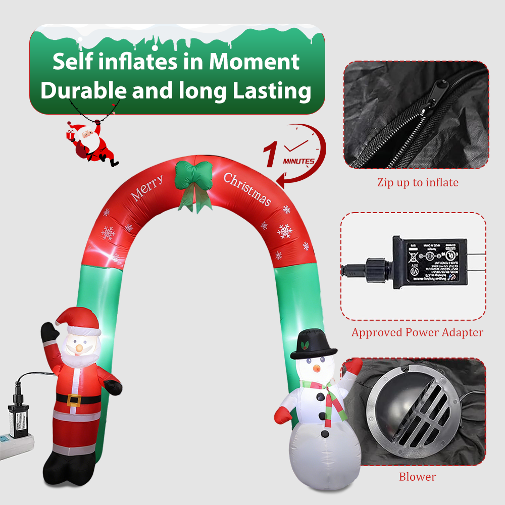 Christmas Inflatable Arch with LED Lights Santa Snowman Blow Up Decor for Outdoor Yard, Garden, Lawn Holiday Decorations