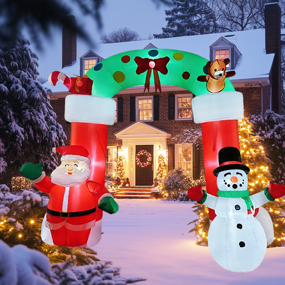 Christmas Inflatable Arch with LED Lights Santa Snowman Blow Up Decor for Outdoor Yard, Garden, Lawn Holiday Decorations
