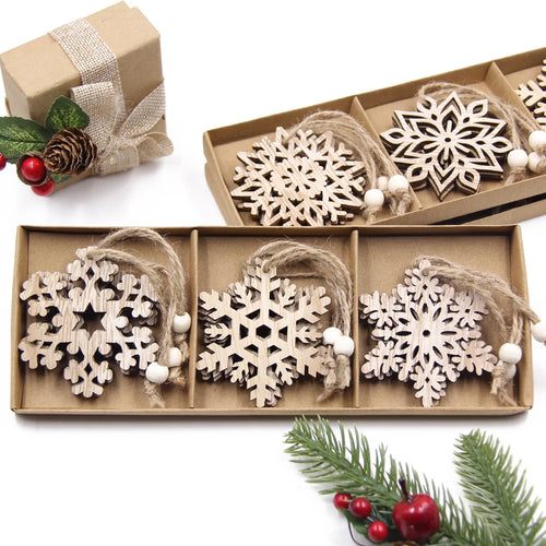 12PCS/Box Wooden Hollowed Snowflake Pendant Vintage Xmas Hanging Ornaments for Noel Tree Decorations DIY Painting Gifts Supply