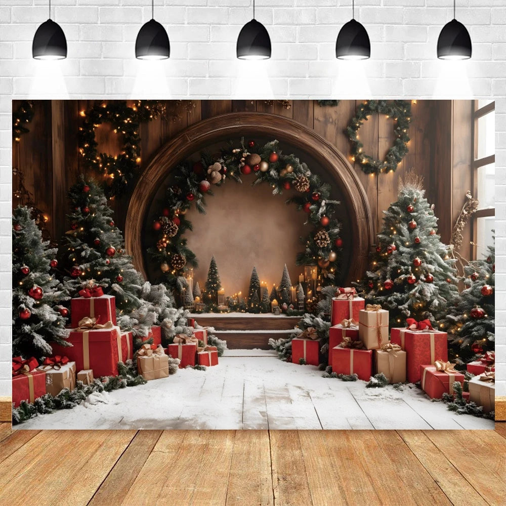 Christmas Photography Backdrop Xmas Tree Gift Toy Window Wood Door Kids Portrait Family Party Photo Background Decor Photostudio