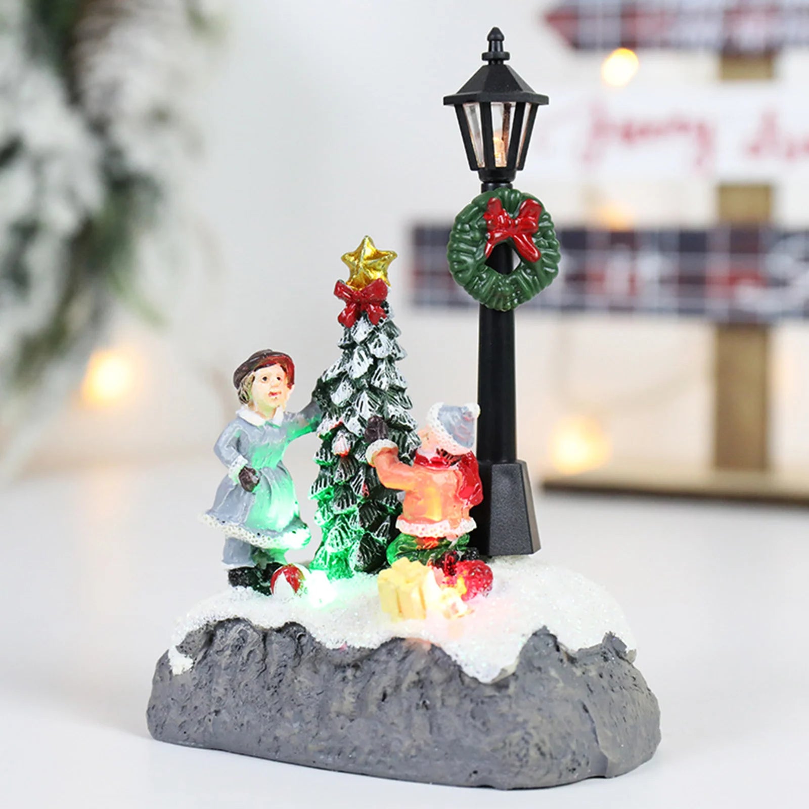 Christmas Luminous House Ornaments Scene Figurine Snow House Figurine Party Favors LED Light and Music for Home Holiday Table