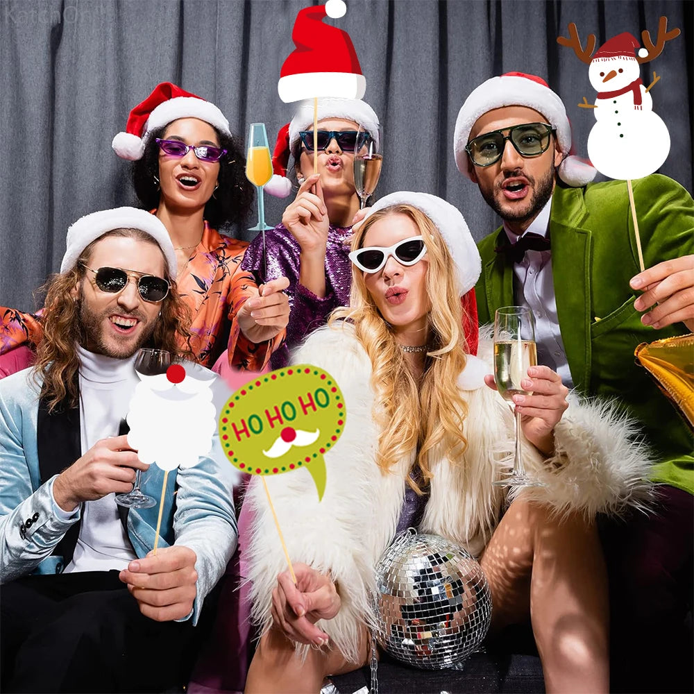 Christmas Photo Booth Props Kit Santa Claus Snowman Photo Props With Photo Booth Frame Selfie Props Christmas Party Decorations