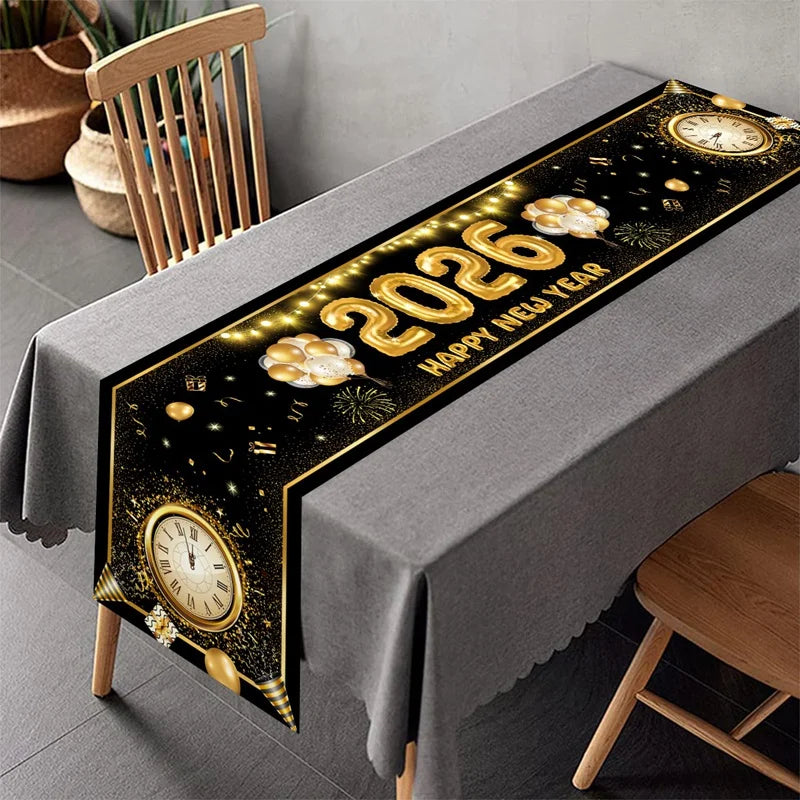 New Year Table Runner Black Gold Glitter New Years Eve Table Cover 2026 Happy New Year Party Table Decorations for Home Party