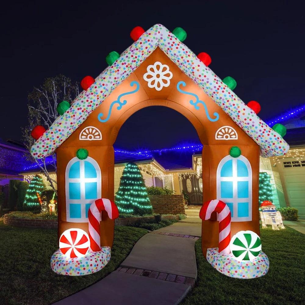Christmas Inflatable Gingerbread House with LED Lights Candy Arch Inflatables for Outdoor Yard Lawn Holiday Party Decoration