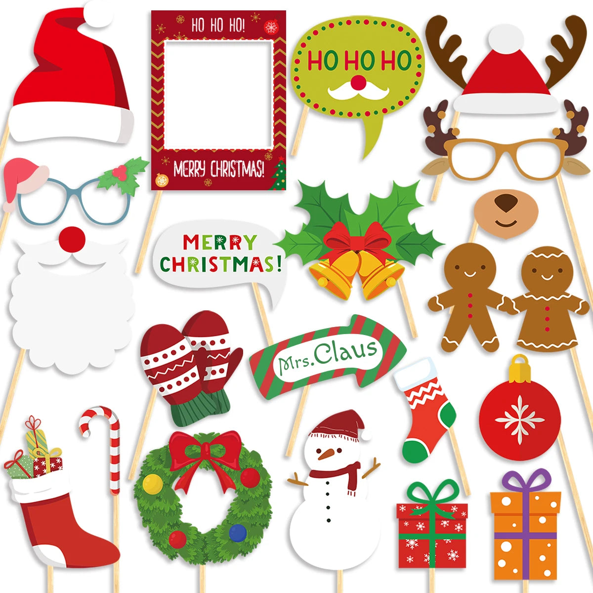 Christmas Photo Booth Props Kit Santa Claus Snowman Photo Props With Photo Booth Frame Selfie Props Christmas Party Decorations