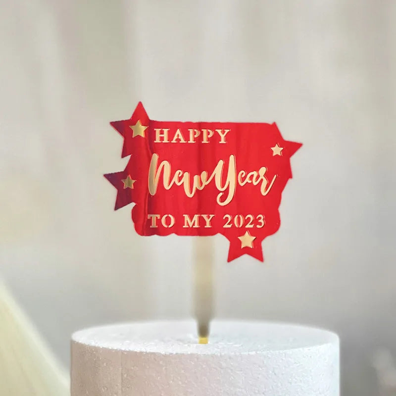 2023 Happy New Year birthday Cake Topper Red Gold Acrylic Kids New Year's Party Cake Topper Home Party Gifts Dessert Decoration