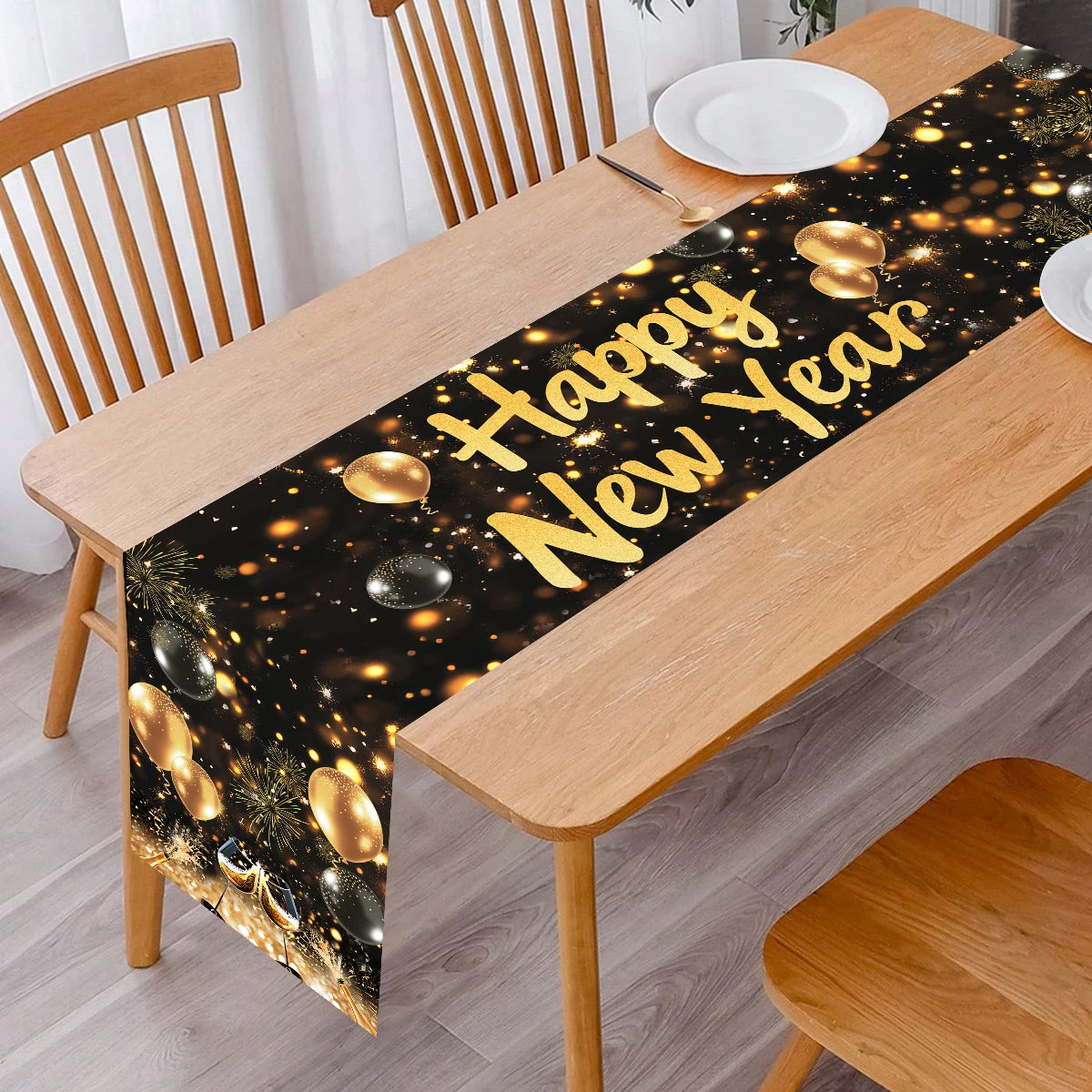 New Year Table Runner Black Gold Glitter New Years Eve Table Cover 2026 Happy New Year Party Table Decorations for Home Party