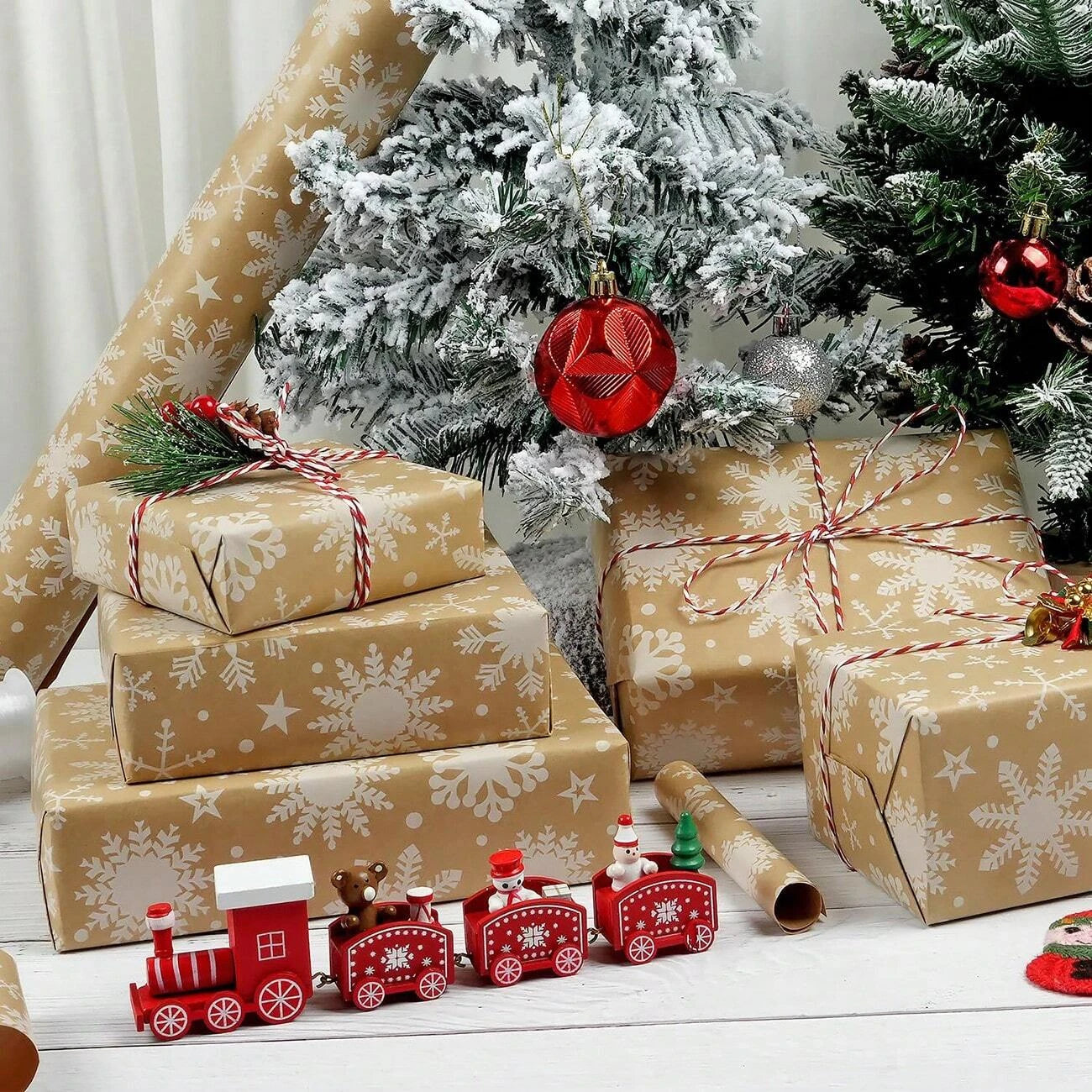 Christmas Wrapping Paper Gift Packing Xmas Tree Snowflake Pattern Retro Kraft Craft Paper for Wedding Birthday Home Party Decor