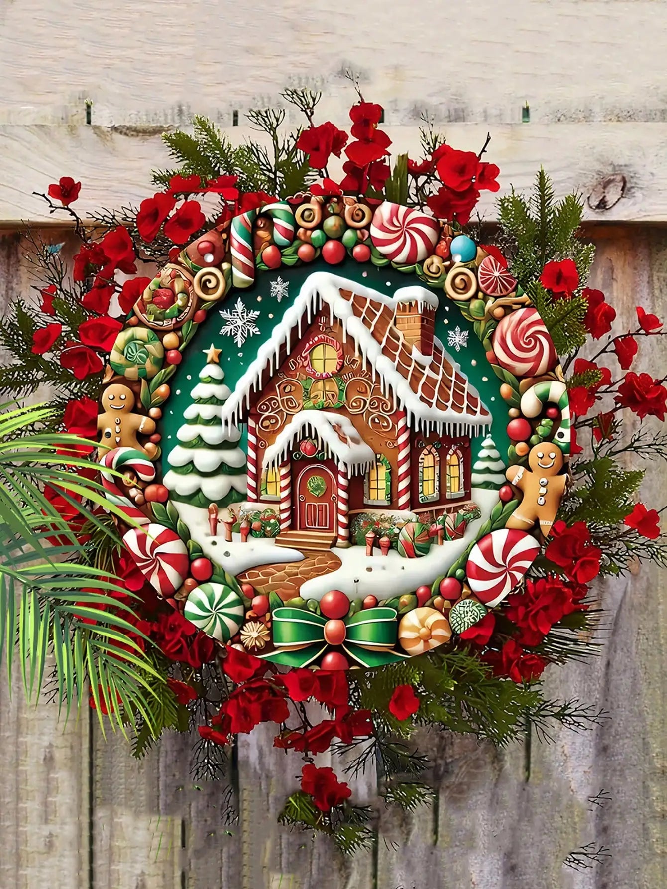 Christmas Wooden Decorations2DRelief Snow House Gingerbread Man Candy Garland Sign For Courtyard Balcony Door Outdoor Home Decor