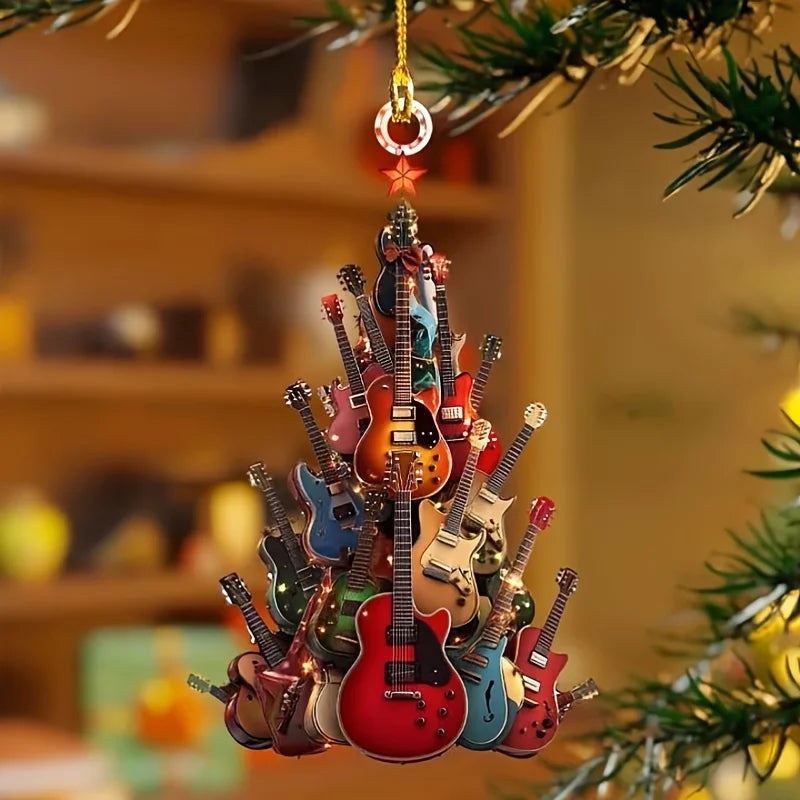 3pcs 2026 New Years Christmas Guitar Hanging Ornaments 2D Flat Acrylic Xmas Tree Pendant Festival Supplies Pendant Decor Gift