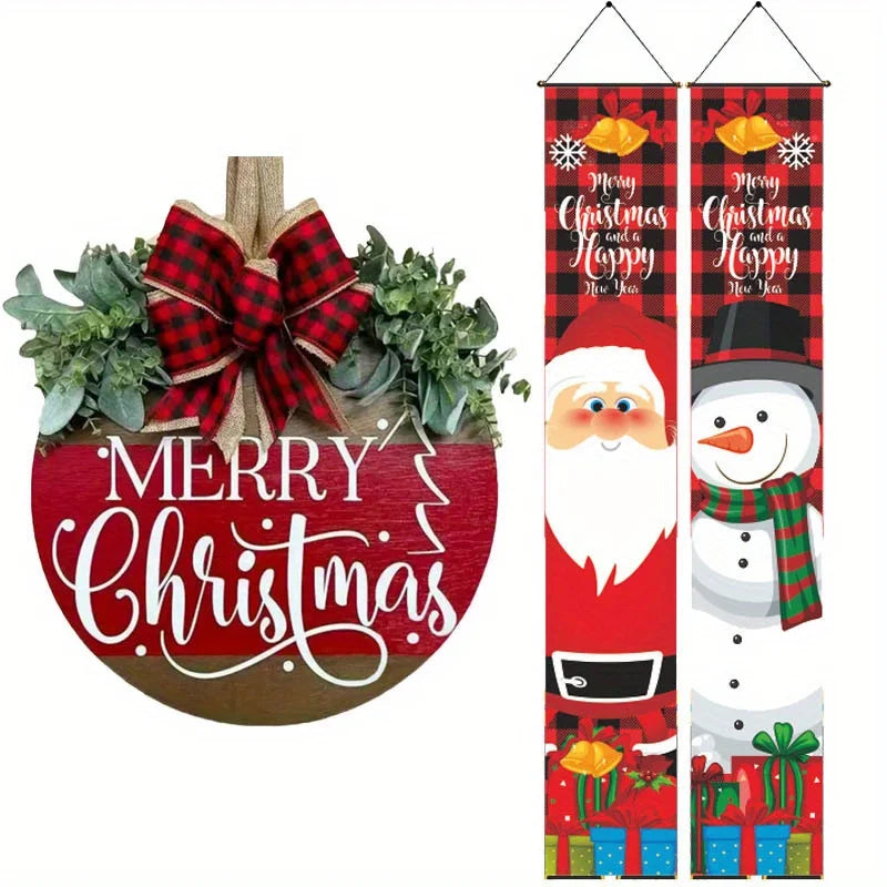3pcs Christmas Decorations Wooden Welcome Sign and Christmas Hanging Door Banner Merry Christmas Decorations for Home Xmas