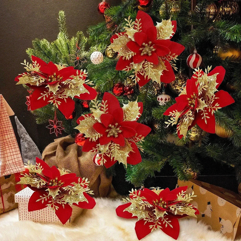 9cm Glitter Artifical Christmas Flowers Christmas Tree Wreath Decorations Fake Flowers Xmas Garland Ornaments New Year 2024