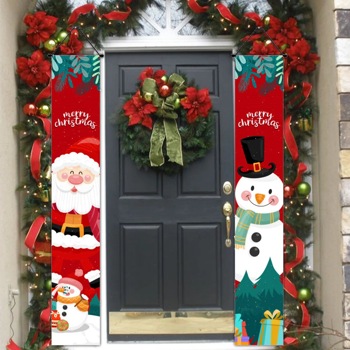 1set Christmas Decorations Door Banner Merry Christmas Santa Snowman Hanging Banner Supplies New Year Home Xmas Decor Noel