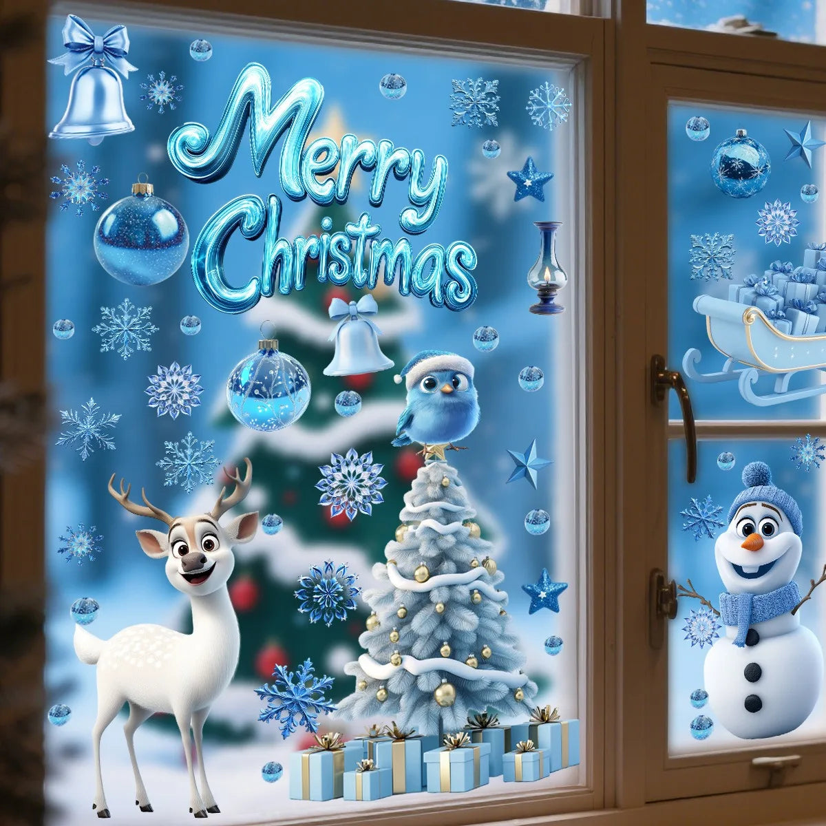 Blue White Christmas Elk Window Sticker Cartoon Elk Snowflake Bell Glass Sticker Merry Christmas Decor 2025 Happy New Year 2026