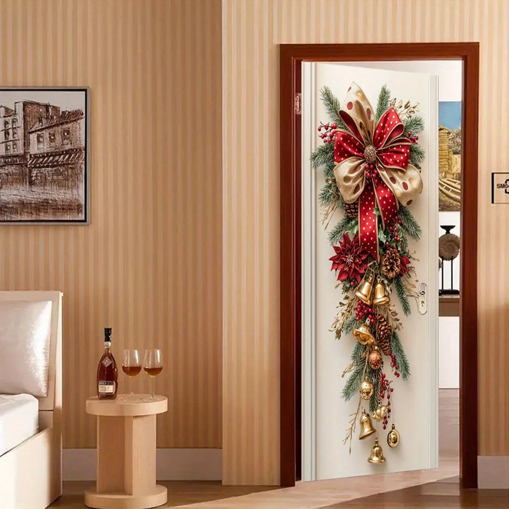 1 Christmas wall decoration - hanging decoration with red bells and green leaves - holiday room decoration, holiday design