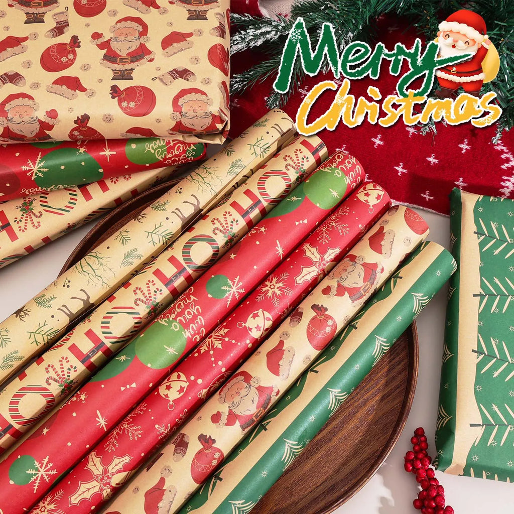 Christmas Kraft Wrapping Paper Cartoon Xmas Tree Santa Claus Gifts Packaging Paper DIY Craft Home Party Decoration Background