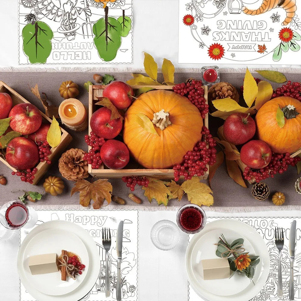 8pcs Hand-painted Thanksgiving Placemat Turkey Pumpkin Cup Plate Mat DIY Paper Placemat Turkey Design Paper Material