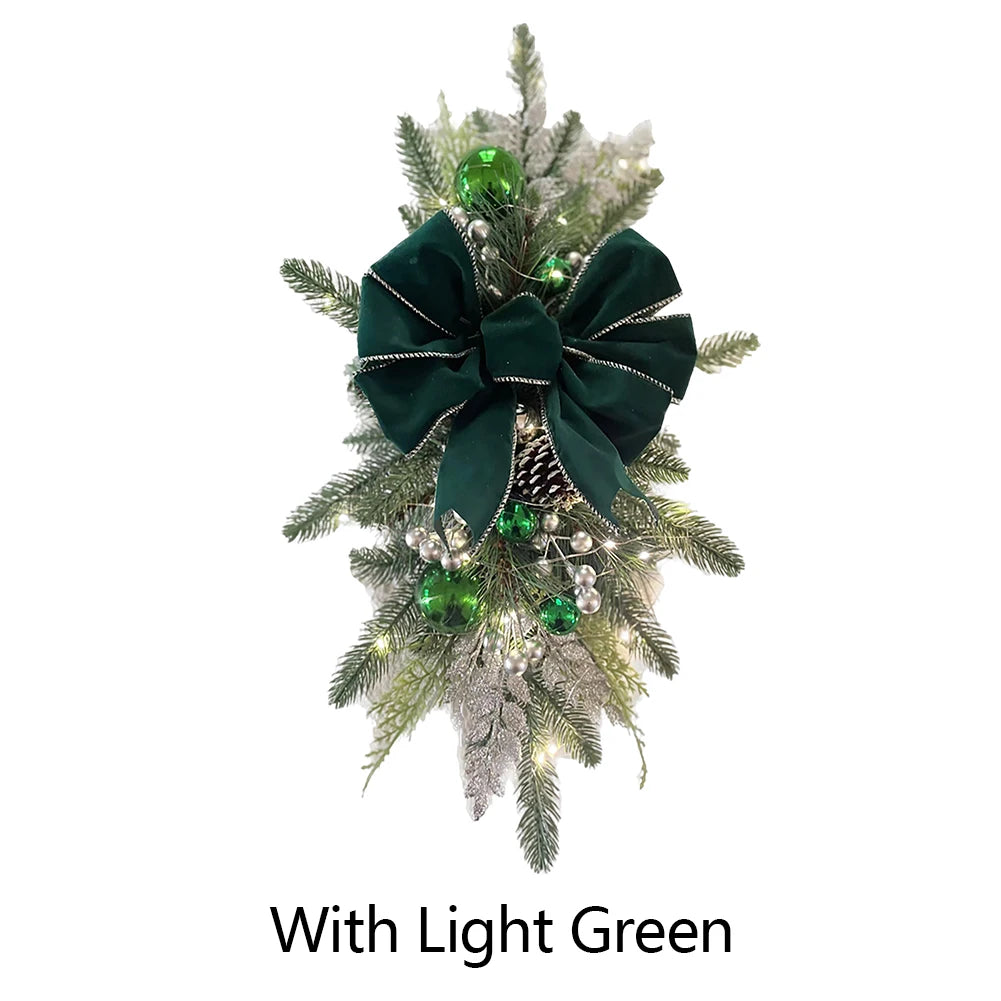 LED Artificial Garland Stair Wreath Prelit Christmas Wreath Garland Pine/Bow Light Up Cordless for Front Door Wall Window Stair