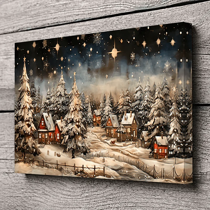 1PC Charming Farmhouse Winter Village Night View - Framed Canvas Wall Art Christmas Decorations and Holiday Gifts Framed