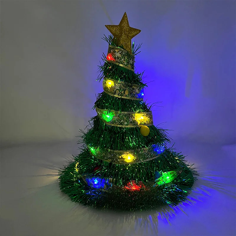 LED light up Christmas Tree ribbon Hats Cute Funny Santa Hat luminous Fancy Dress up cap for  Xmas party Gift Photo Props