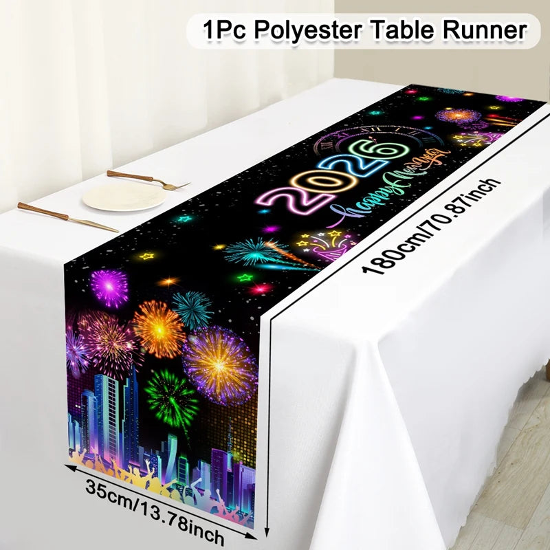 New Year Table Runner Black Gold Glitter New Years Eve Table Cover 2026 Happy New Year Party Table Decorations for Home Party