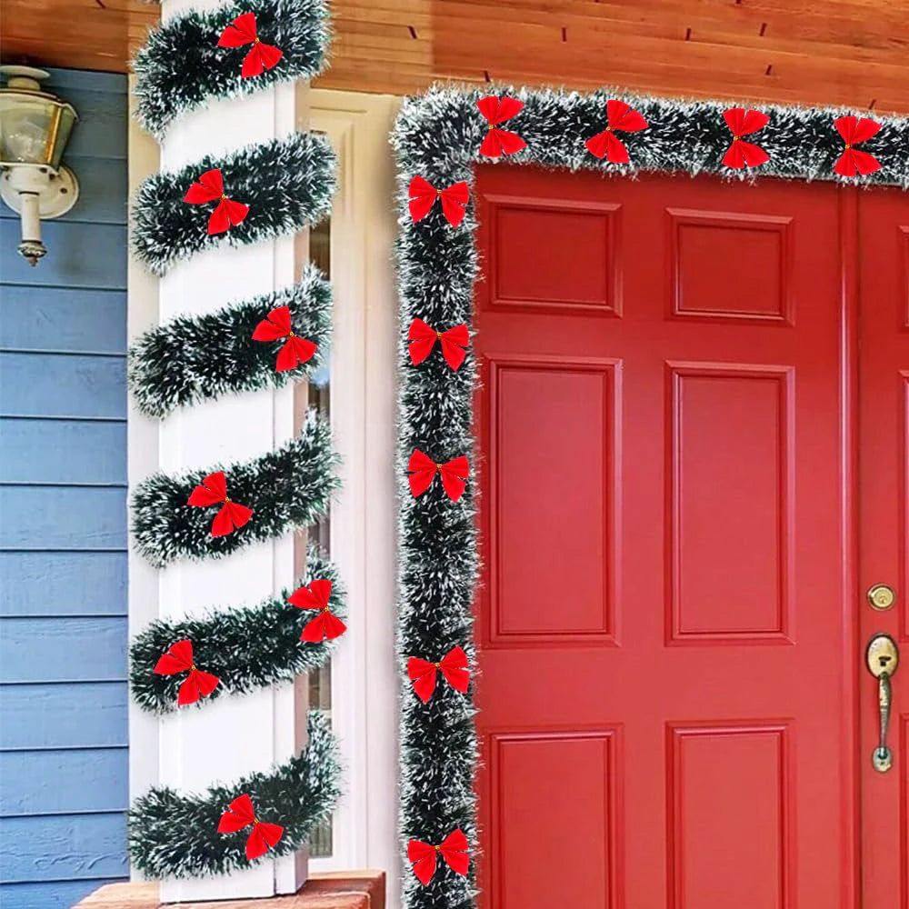Christmas Garland Decorations 6.5FT Green Christmas Hanging Garland Red Bows Balls Ornaments Xmas Tree Home Party Decor New Year