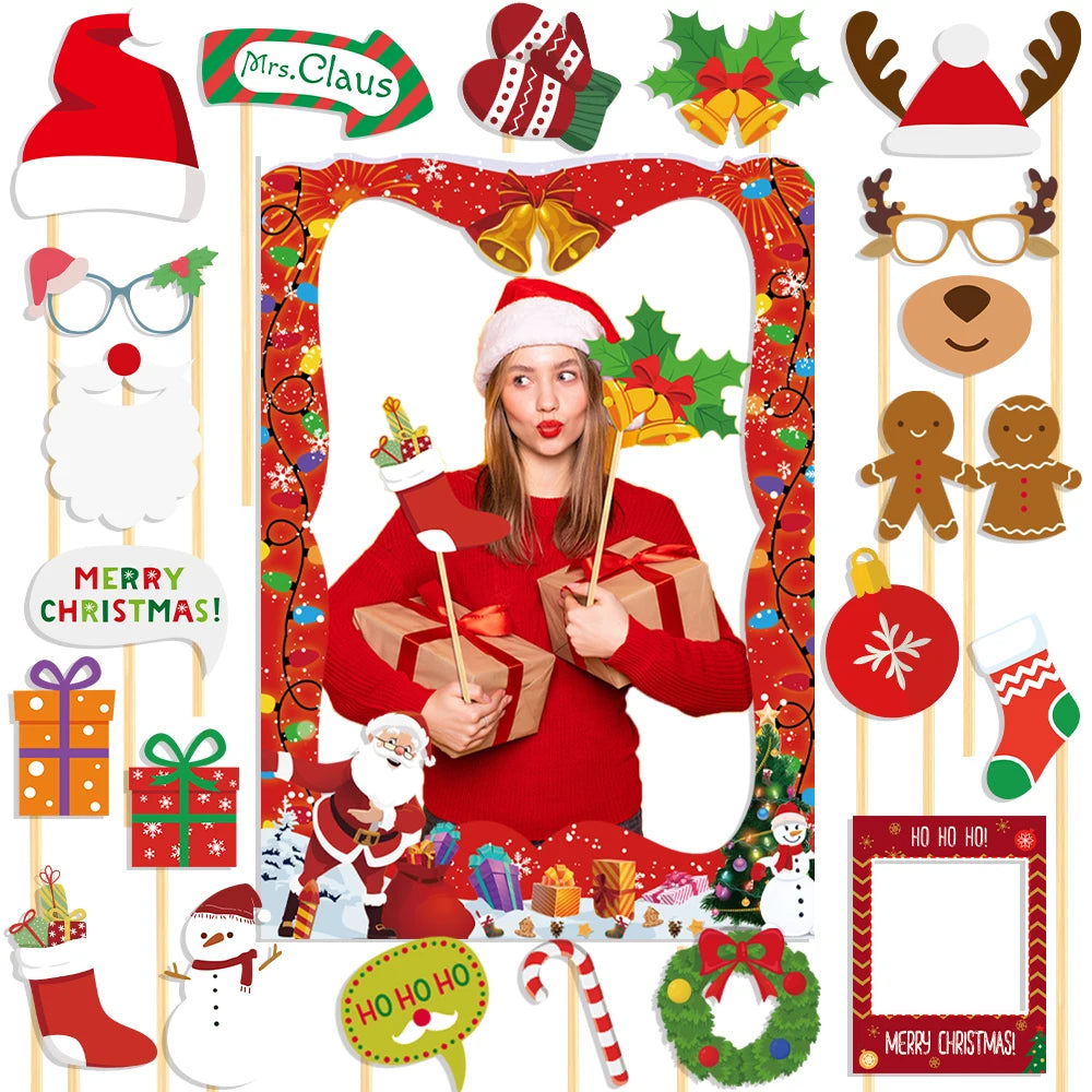 Christmas Photo Booth Props Kit Santa Claus Snowman Photo Props With Photo Booth Frame Selfie Props Christmas Party Decorations