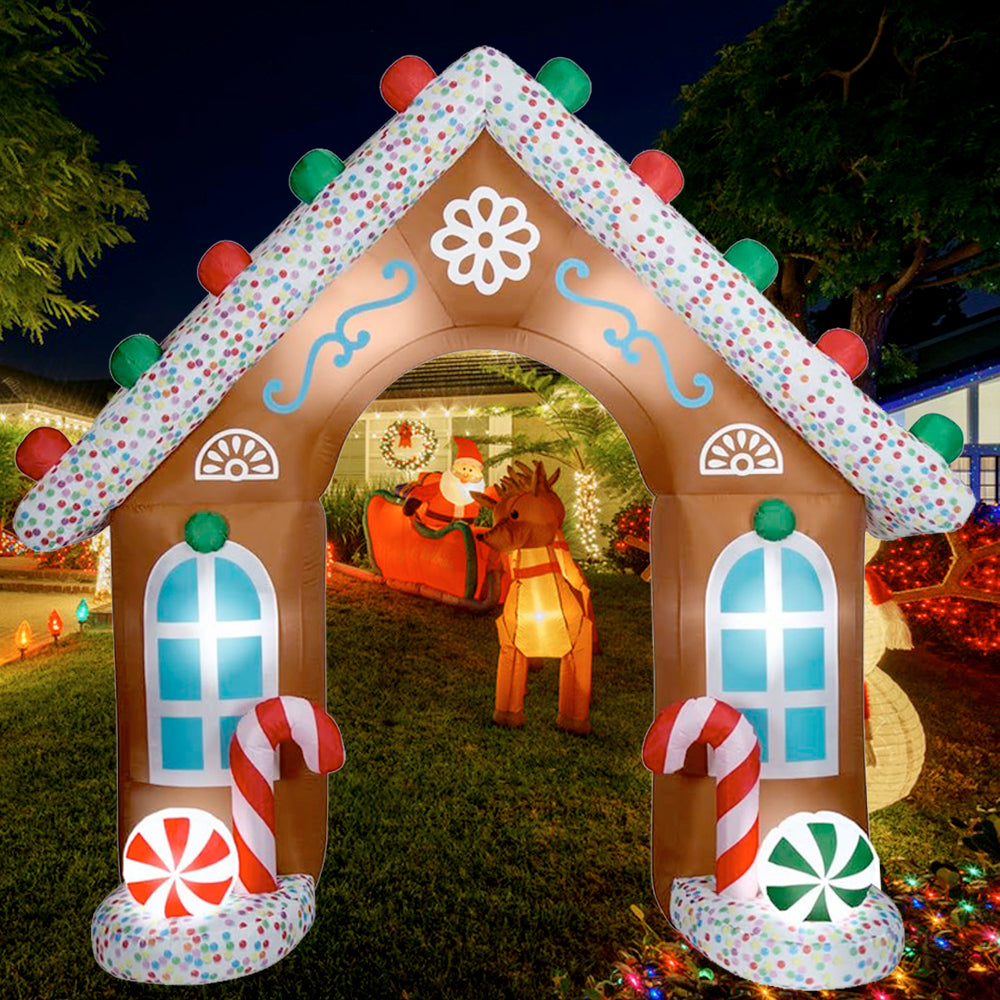 Christmas Inflatable Gingerbread House with LED Lights Candy Arch Inflatables for Outdoor Yard Lawn Holiday Party Decoration