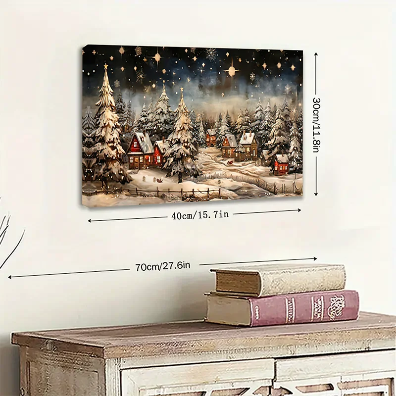 1PC Charming Farmhouse Winter Village Night View - Framed Canvas Wall Art Christmas Decorations and Holiday Gifts Framed