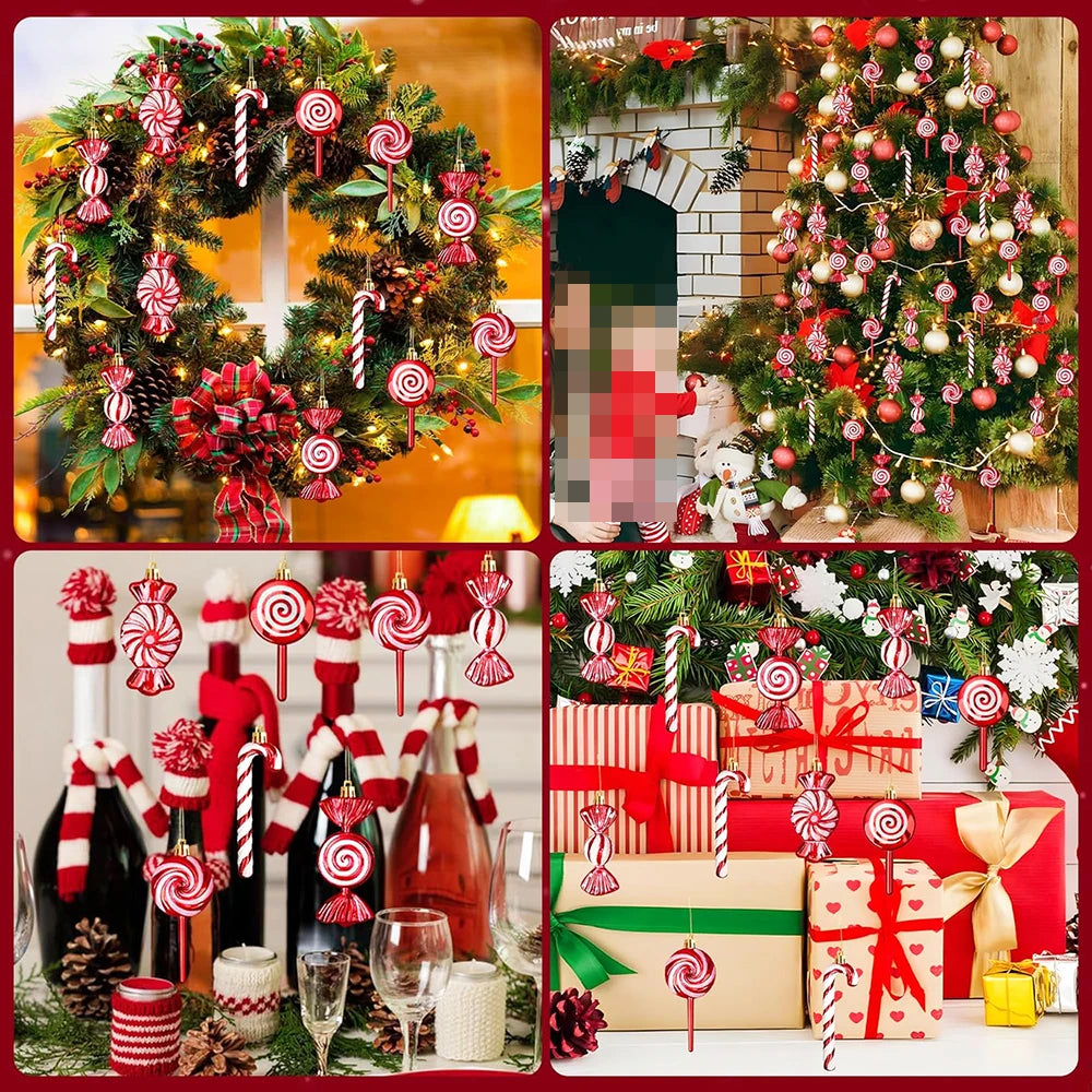 Christmas Candy Ornament Set Xmas Tree Decor Hanging Red Christmas Party Lollipop Candy Cane Pendant Decorations New Year Gift