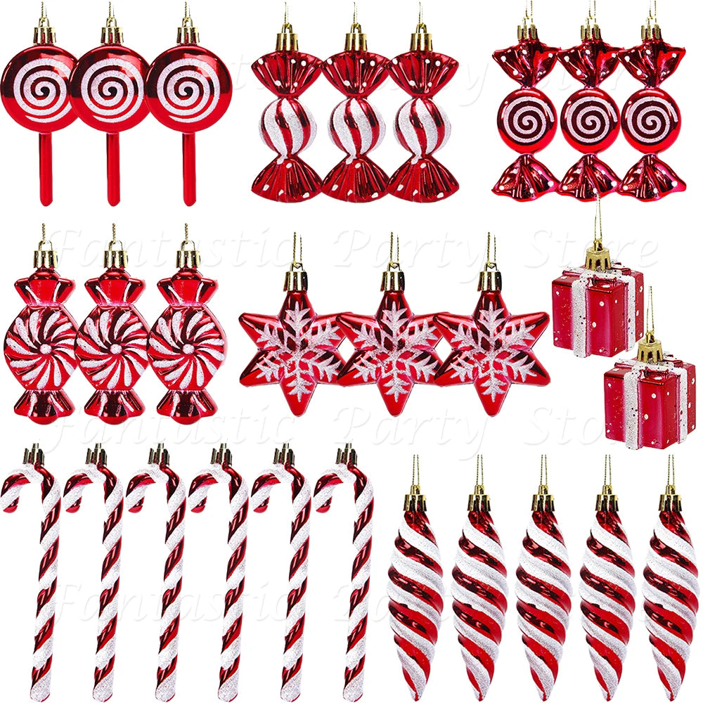 Christmas Candy Ornament Set Xmas Tree Decor Hanging Red Christmas Party Lollipop Candy Cane Pendant Decorations New Year Gift