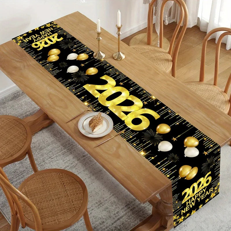New Year Table Runner Black Gold Glitter New Years Eve Table Cover 2026 Happy New Year Party Table Decorations for Home Party