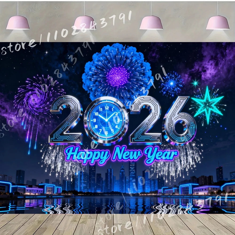Celebration 2026 Happy New Year Vinyl Backdrop Photography Background with Purple Flowers Pocket Watch City Skyline