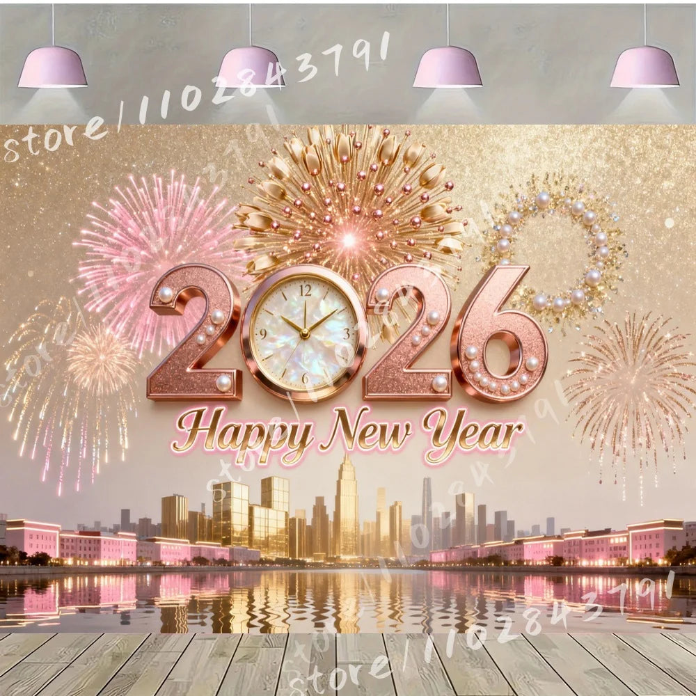 Celebration 2026 Happy New Year Vinyl Backdrop Photography Background with Purple Flowers Pocket Watch City Skyline