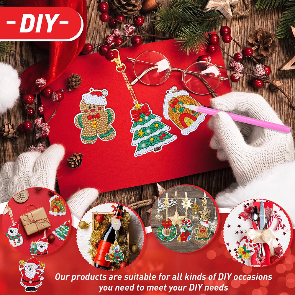 Christmas Diamond Painting Keychain 5D DIY Hanging Diamond Art Kits Diamond Ornaments for Kids Christmas Crafts Family Decor