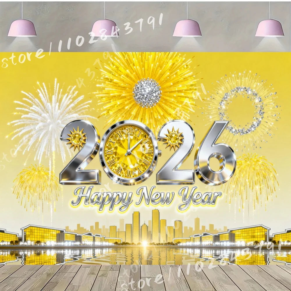 Celebration 2026 Happy New Year Vinyl Backdrop Photography Background with Purple Flowers Pocket Watch City Skyline