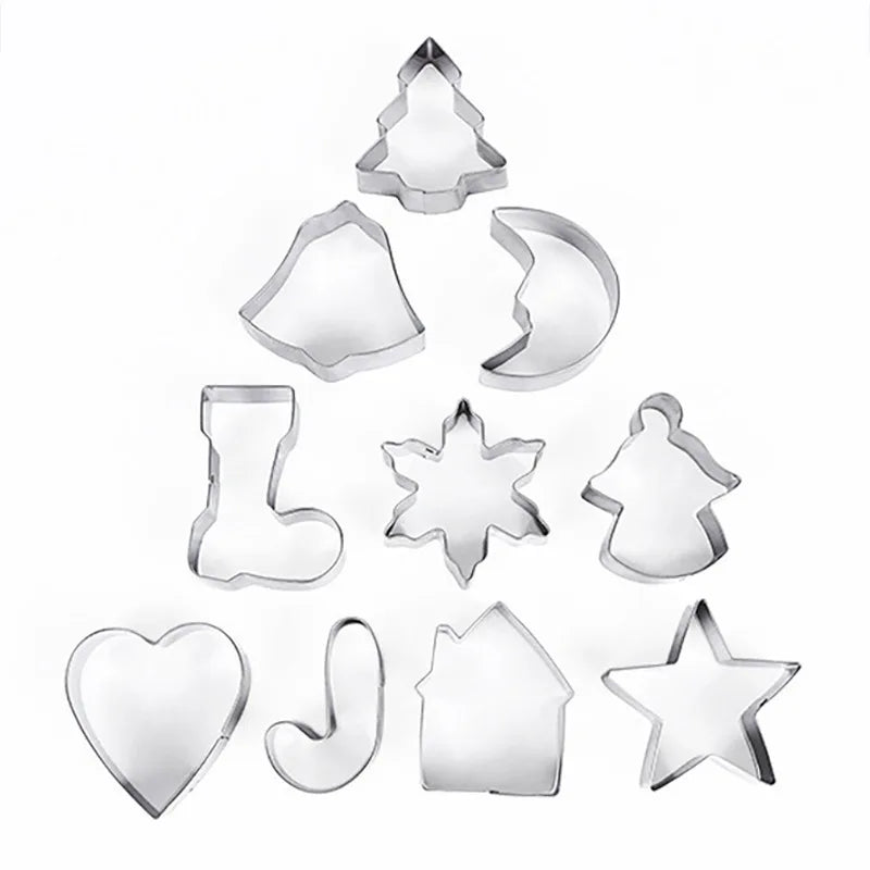 JUSTINLAU 10pcs Christmas Cookie Cutter Set Stainless Steel Gingerbread Xmas Tree Fondant DIY Baking Mold for Holiday Party Gift