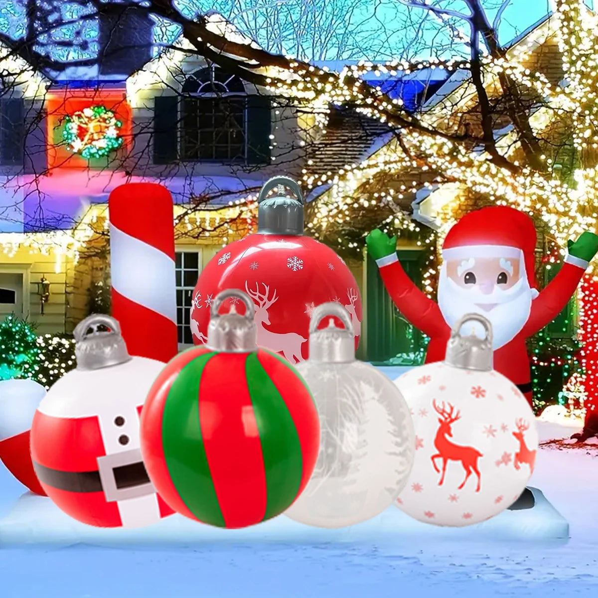 3Pcs Inflatable Christmas Balls (2 Christmas Balls and One Pump) with Portable Handle, Waterproof - Durable Pvc Material, Christmas Red and Green Colors, Featuring Snowman, Reindeer, Christmas Tree and Santa Claus Designs - P