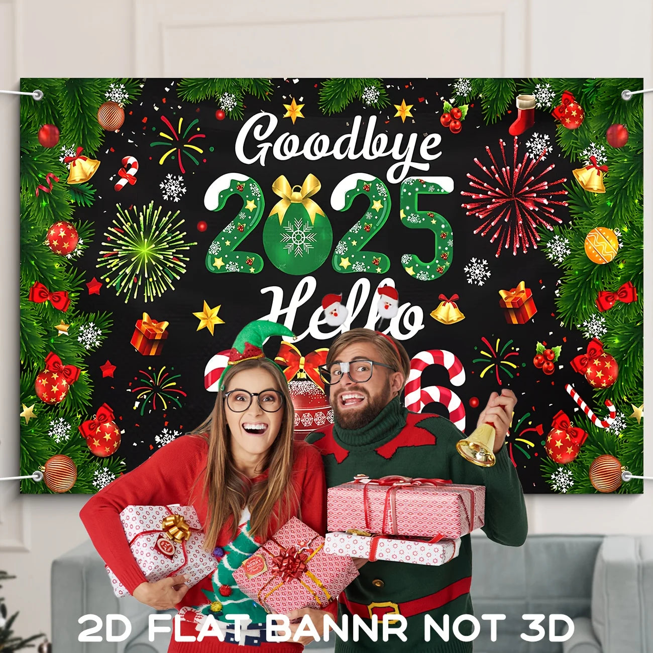 Christmas Decorations Goodbye 2025 Hello 2026 Party Banner Peppermint Candy New Year Eve Banner Happy 2026 New Years Eve Party S