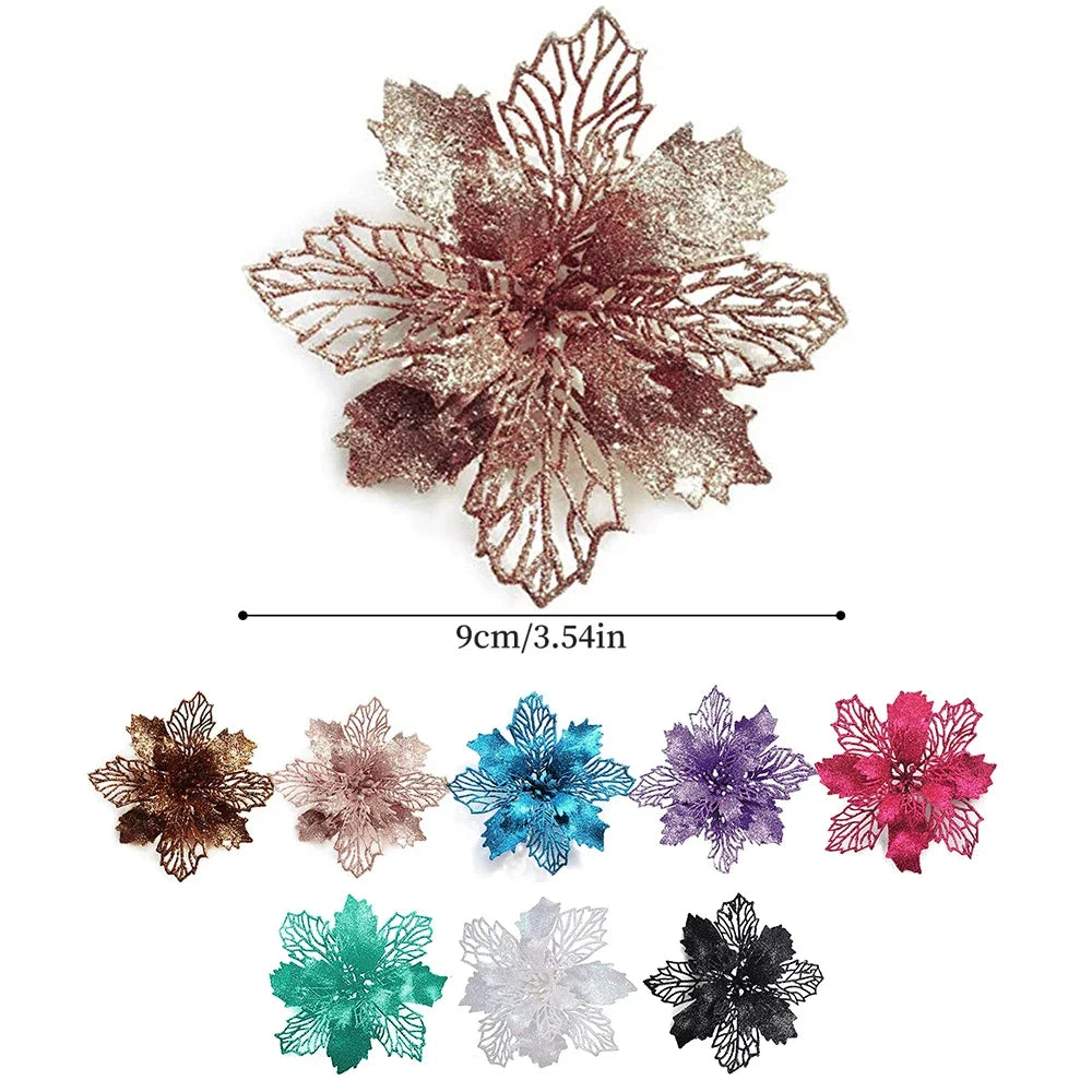 9cm Glitter Artifical Christmas Flowers Christmas Tree Wreath Decorations Fake Flowers Xmas Garland Ornaments New Year 2024