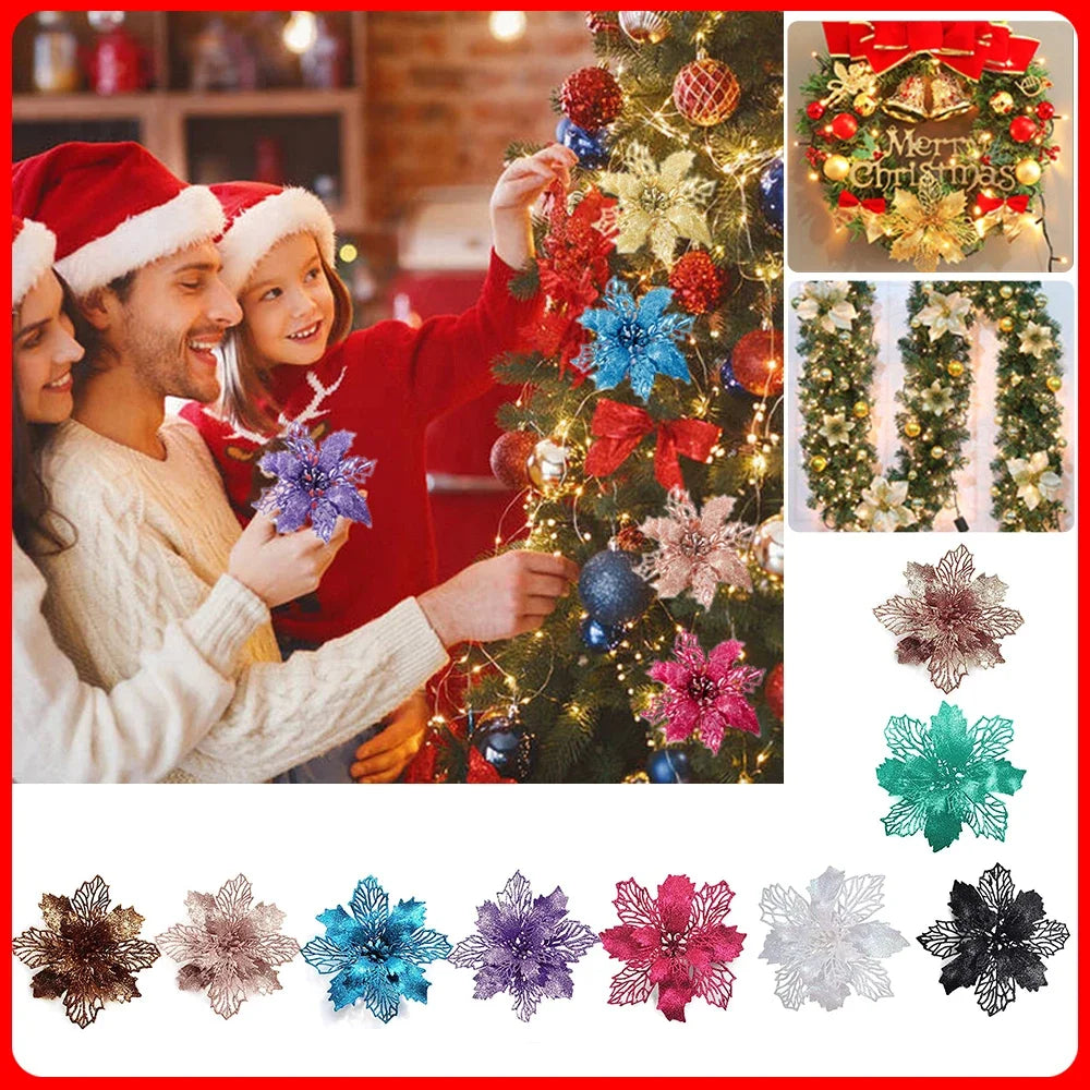 9cm Glitter Artifical Christmas Flowers Christmas Tree Wreath Decorations Fake Flowers Xmas Garland Ornaments New Year 2024