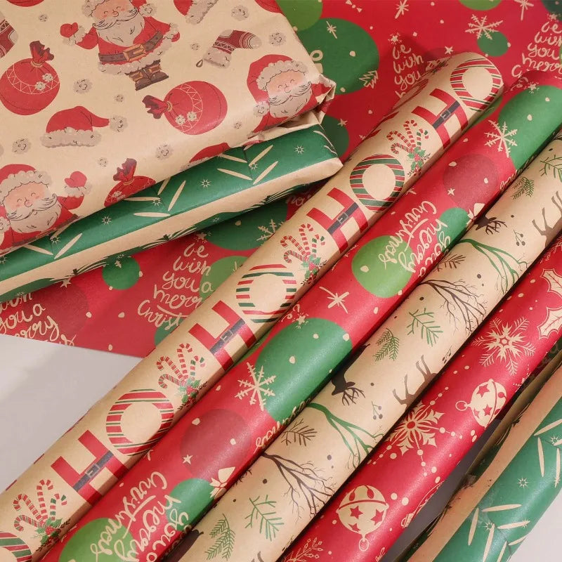 Christmas Kraft Wrapping Paper Cartoon Xmas Tree Santa Claus Gifts Packaging Paper DIY Craft Home Party Decoration Background