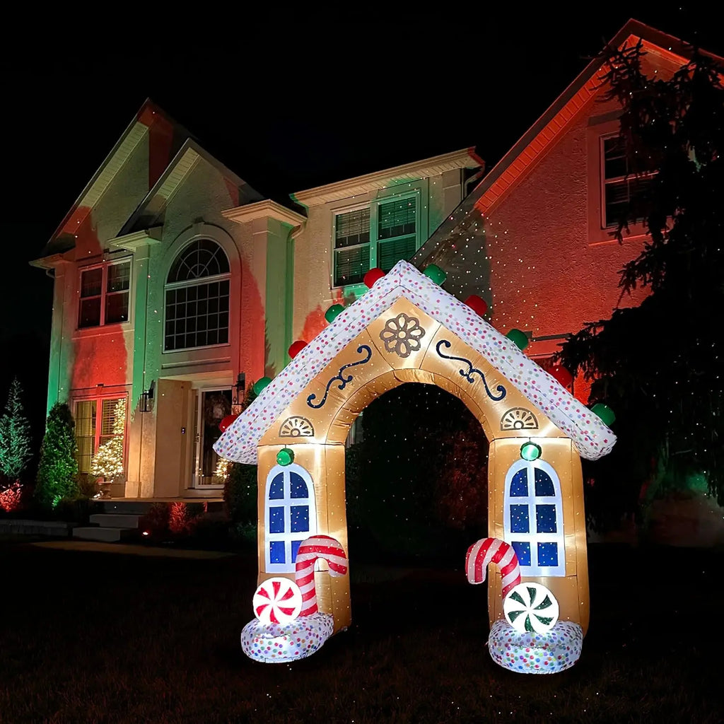 Christmas Inflatable Gingerbread House with LED Lights Candy Arch Inflatables for Outdoor Yard Lawn Holiday Party Decoration