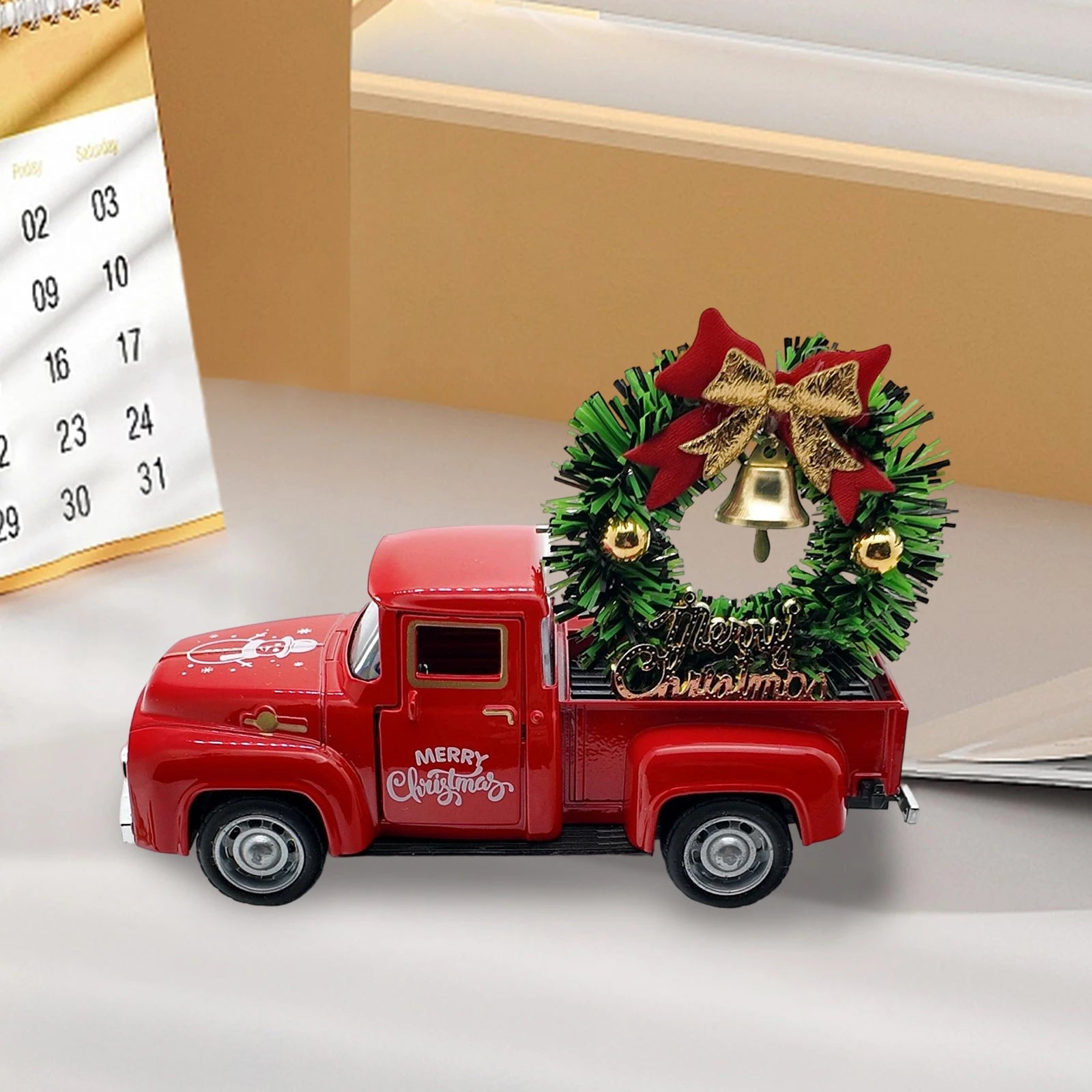 Christmas Table Decoration Mini Snowman Truck with Wreath Figurine Desk Statues Centerpieces for Home Party Decor