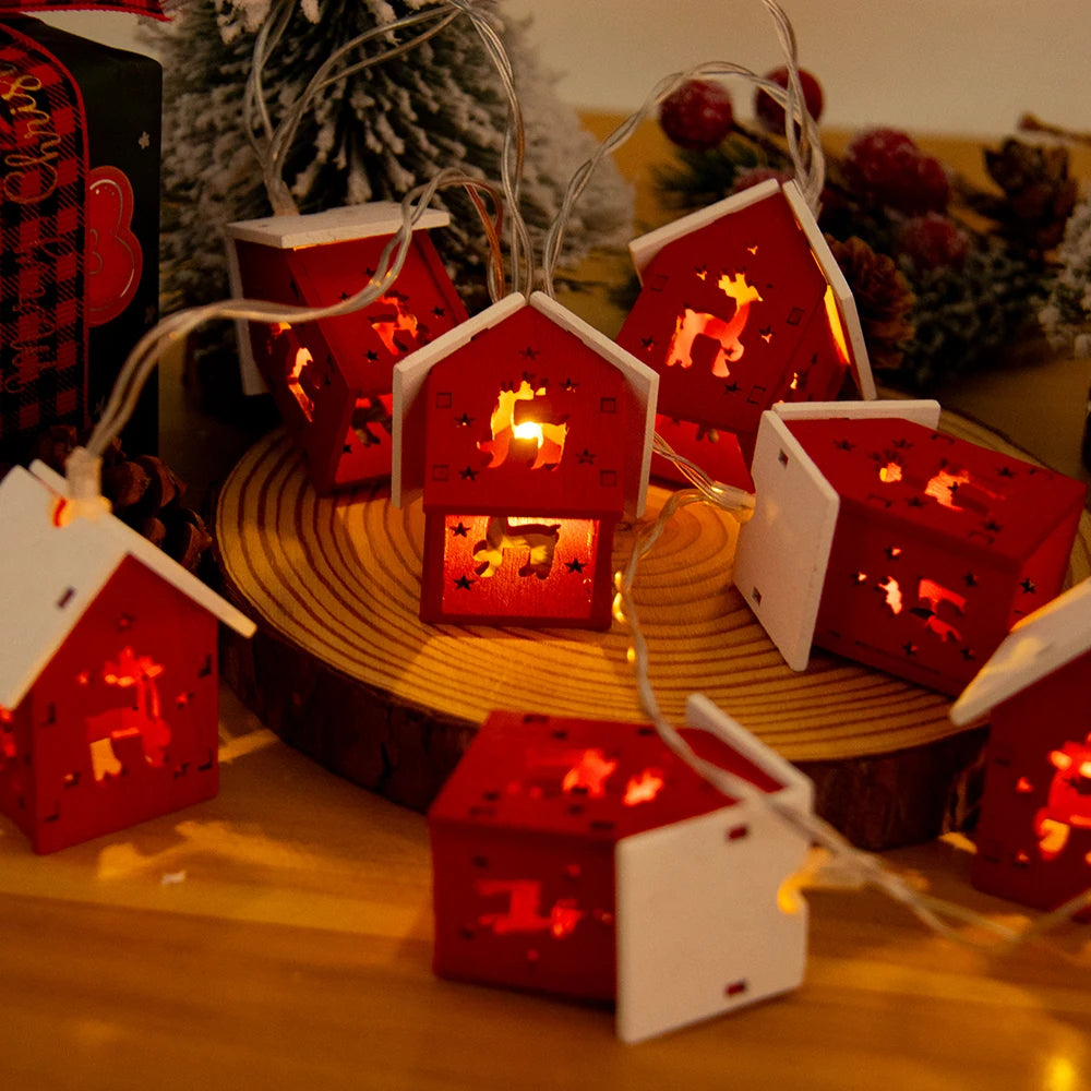 Wooden House Shaped Christmas LED String Lights Xmas Tree Hanging Lights Wood House LED Fairy Lamp for Christmas Home Noel 2024
