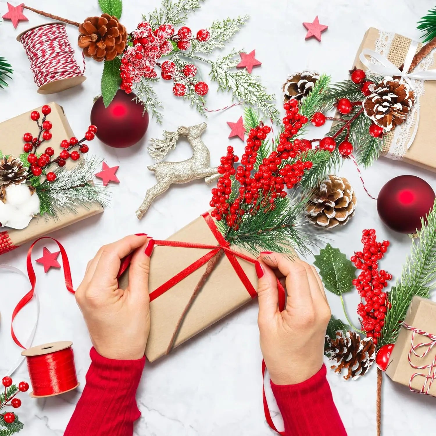 Christmas Decorations Red Berry Artificial Pine Bouquet Branch Xmas Tree Ornament Home Decor New Year 2025 DIY Gifts Accessories