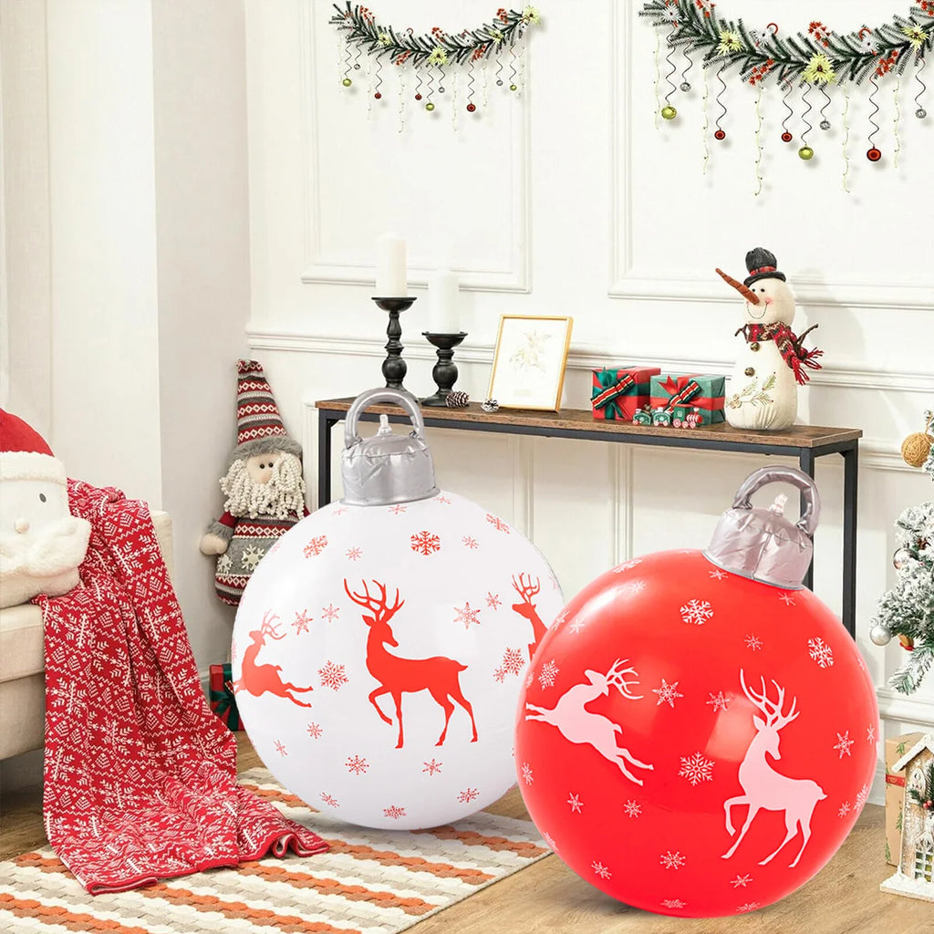3Pcs Inflatable Christmas Balls (2 Christmas Balls and One Pump) with Portable Handle, Waterproof - Durable Pvc Material, Christmas Red and Green Colors, Featuring Snowman, Reindeer, Christmas Tree and Santa Claus Designs - P