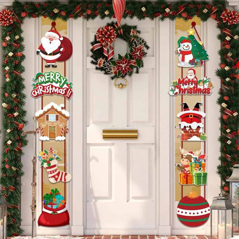 Merry Christmas Decor Door Hanging Banner Santa Claus Snowman Elf Couplet Party Yard Front Door Ornament Xmas Gift